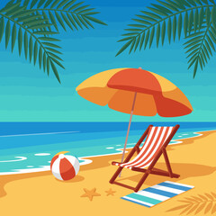 A vibrant beach scene featuring a comfortable deck chair and a bright umbrella against the blue ocean, perfectly capturing a serene and inviting summer getaway atmosphere.