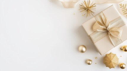White Luxury Christmas Background with Gold Gift &ndash; Wide Copy Space