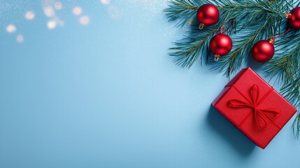 Soft Blue Christmas Background with Red Gift &ndash; Wide  Copy Space