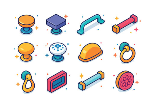 Colorful Knob Pull Icons. Knobs and pulls. Colorful isometric ve