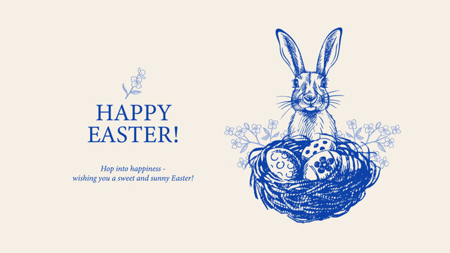 Cute Easter vintage hand drawn poster with cute bunny and egg nest. Greeting card and invitation design. Retro sketch vector illustration