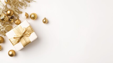 White Luxury Christmas Background with Gold Gift &ndash; Wide Copy Space