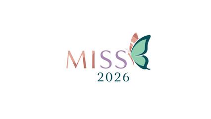 Elegant MISS 2026 logo with colorful gradient text and a teal butterfly wing design.
