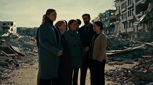 In this poignant video, a group of five individuals stands somberly amidst the ruins of a once-thriving city. The devastation around them symbolizes loss, resilience, and the impact of tragedy on live