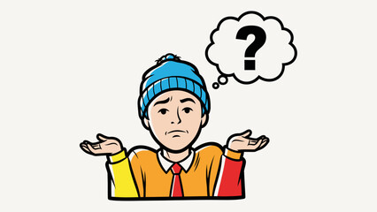 Obraz premium Confused cartoon man shrugging, wearing a blue beanie, with a question mark thought bubble above his head.