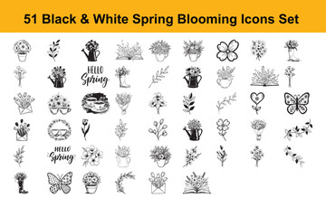 51 Black & White Spring Blooming Icons Set, Simple line drawing of flower blooming in round pot garden plant botanical element outline sketch design for spring decor