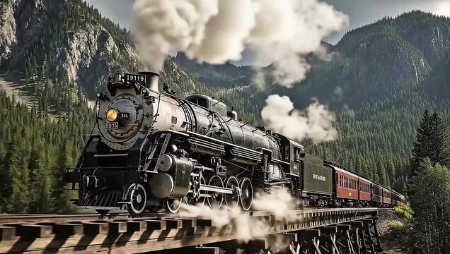 Cinematic Vintage Steam Locomotive Crossing a Wooden Trestle Bridge in the Mountains