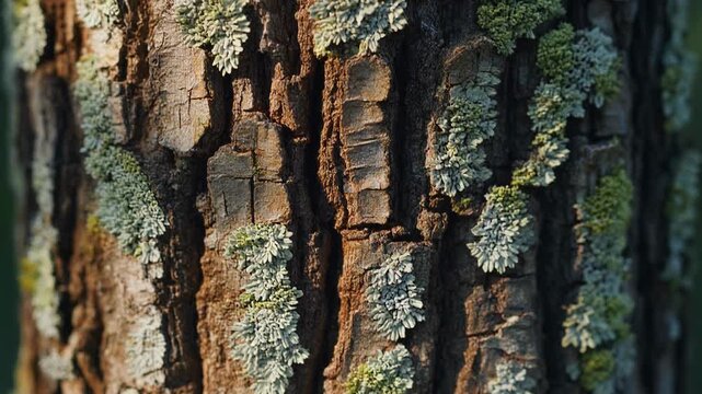 Macro view of textured tree bark with lichen growth
