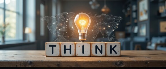 Light bulb over blocks spelling think in a creative workspace Generative AI