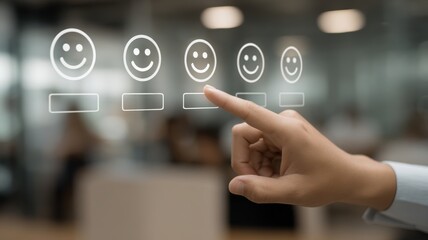 customer data analytics tracking concept. A hand interacts with a digital feedback interface showing smiling faces.