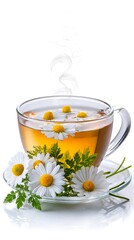 Clear tea cup with chamomile flowers and steam on a white background