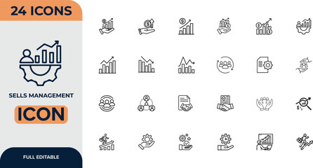 Sales management line editable icon set. sales team icon set featuring teamwork, target, negotiation, customer, goal, relations, performance, analytics, and business growth visuals. editable stroke.