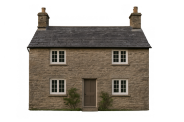 Traditional english stone cottage with classic architecture, featuring a slate roof and white grid windows, on transparent background