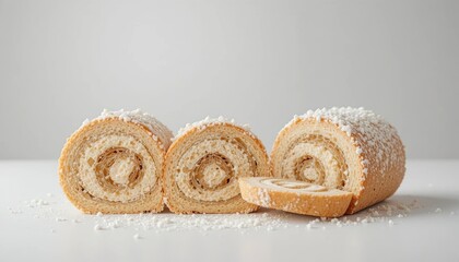 Freshly baked cake rolls displayed on a white surface with coconut flakes Generative AI