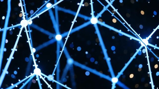 Blue chaotic network structure with glowing bokeh lights, creating a dynamic, futuristic digital connectivity visualization