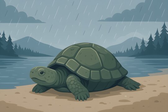 In a Cold wether a turtle is laying down in lake 
