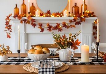 Elegant autumn dinner table setting with candles and fall foliage decoration