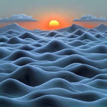 A serene sunset illuminates softly undulating blue waves, casting a tranquil atmosphere. Wispy clouds linger above the horizon, enhancing the calming scene.