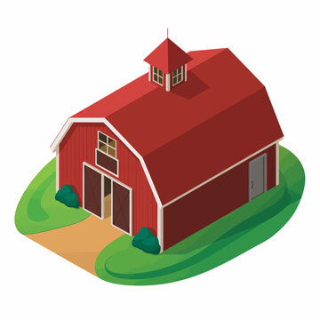 A vibrant red barn sits on green grass, featuring a distinctive cupola, inviting a sense of peace and rural charm, perfect for agricultural or countryside themes.