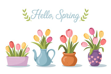 This vibrant illustration of tulips in various pots embodies the joy and beauty of spring, showcasing an array of colorful flowers that evoke feelings of renewal and growth.