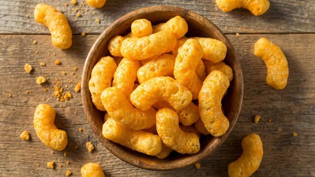 A rustic wooden bowl overflows with puffy cheese snacks on a textured wooden table