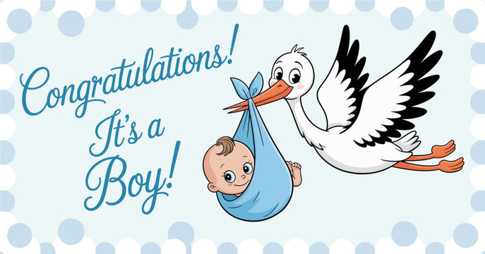 A charming illustration of a stork carrying a baby bundle with a blue blanket, celebrating the announcement of a baby boy with joyful imagery.