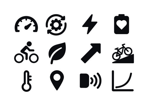 E-Bike Performance Icons. E-bike performance. Solid icon set of