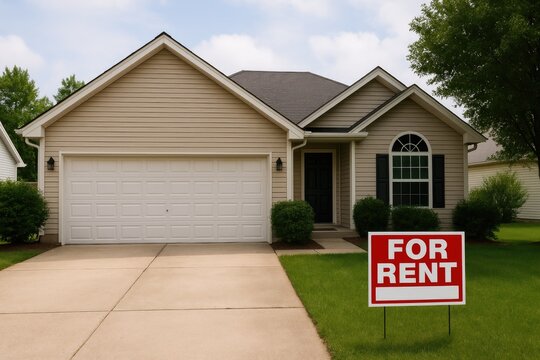 Suburban house for rent sign in front of a new home, rental property real estate real estate.