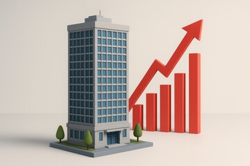 Stylized building with red financial bar chart showing business success and market growth business.