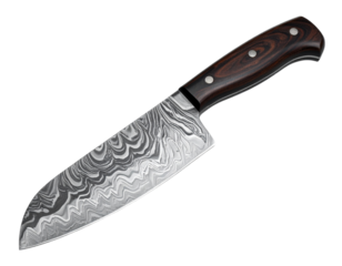 Damascus Steel Chef’s Knife Side Profile with Visible Pattern Waves, Isolated