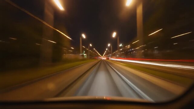 Blurred POV shot from inside a moving vehicle (train-car), showing the streaks of fireworks