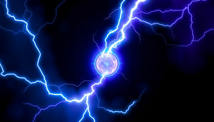 Futuristic gaming power-up orb surrounded by glowing electric lightning, neon blue and purple aura, isolated on dark background 2