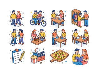 Couple Activities Icons. Couple activities. Colorful isometric v