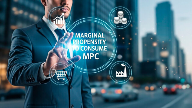 Businessman interacting with Marginal Propensity to Consume concept in city. - Powered by Adobe