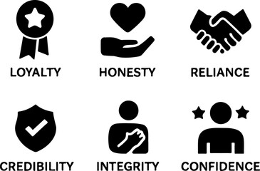 Trust Solid Glyph Icon Set – Loyalty, Honesty, Reliability, Credibility, Integrity & Confidence