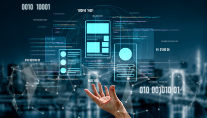 UI UX mockup showing application layout, structure, and code interface. UI design defines user...