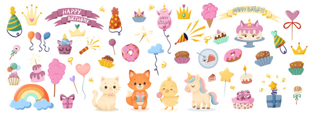 Birthday party clipart set with cute animals sweets balloons and decor