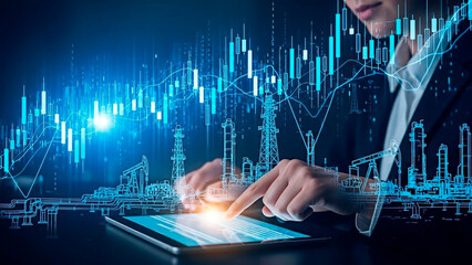 A person working on a tablet with graphics of stock market for the concept of technology.