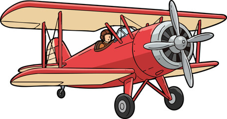 Red Vintage Biplane Cartoon Illustration with Pilot Flying