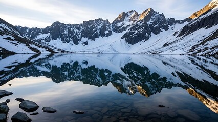 Stunning reflection of snowcovered mountains in a calm alpine lake at sunrise or sunset © Denspire