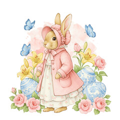 Cute Watercolor Easter Bunny in Pink Coat with Eggs and Flowers