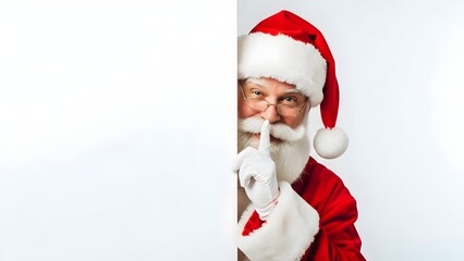Smiling Santa Claus peeking from white sign, making 'shhh' gesture with finger to lips, conveying holiday secret and surprise.