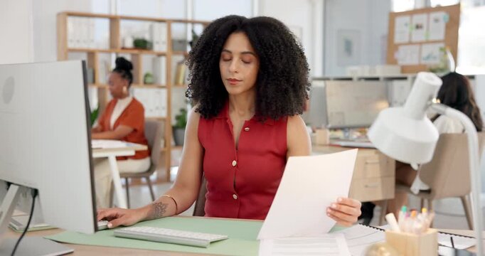 Creative, woman or computer with document in office for editing manuscript, fact checking or review. Coworking, journalist or PC with paperwork at publishing agency for story revision or proofreading