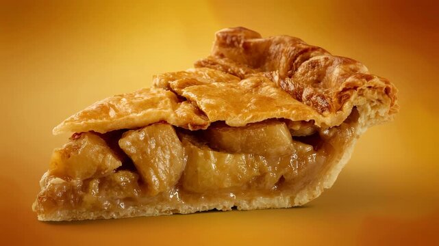 Side view close up of a fresh slice of apple pie showing chunky apple filling and golden brown pastry crust