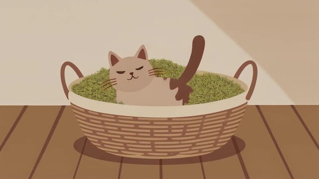 Cat Taking a Catnip Bath in a Basket. Pet Care & Self-Care Rituals. A cat rolling contentedly in a simple unbranded wicker basket that contains a generous amount of dried catnip .
