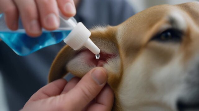 Close-Up of Hand Applying Ear Cleaner to Dog. Pet Care & Self-Care Rituals. A person's hand gently holding a dog's ear flap while carefully dripping ear cleaner from a small bottle into the canal.

