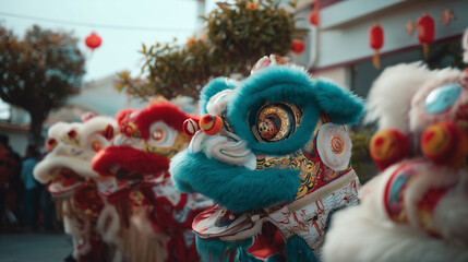 Colorful lion dance performance during Che Kung Festival celebration at traditional Chinese temple