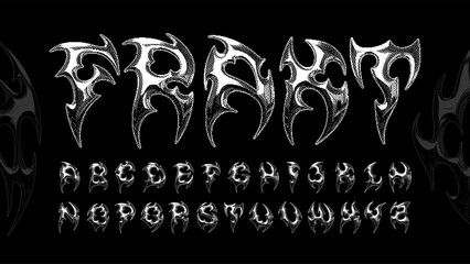 Tribal display typeface alphabet with halftone stipple texture, reflecting a y2k aesthetic