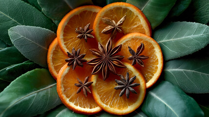 A vibrant blend of orange slices and star anise spices, all resting on a bed of fresh sage leaves - a colorful aromatic harmony.