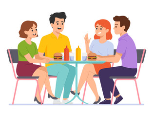 A group of friends happily sharing burgers at a bright table, embracing the joy of friendship and good food in a casual dining atmosphere, creating memorable moments.